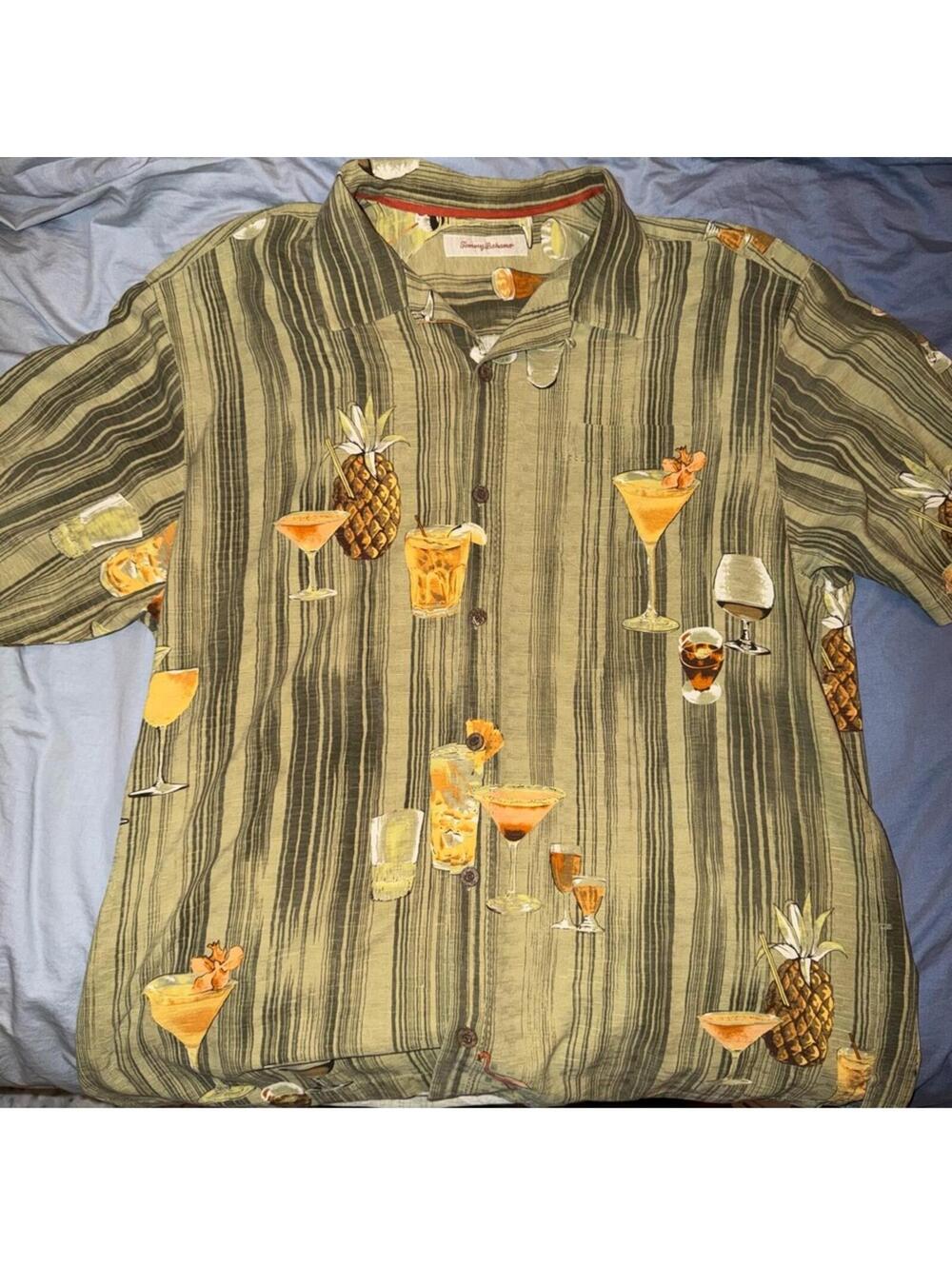 Tommy Bahama Silk Cocktail Drink Print Hawaiian Camp Shirt Button Up Mens XL